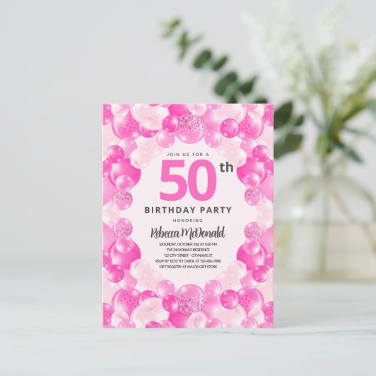 Leuke roze ballonnen Faux Glitter 50ste Verjaardag Uitnodiging Briefkaart (Staand voorkant)