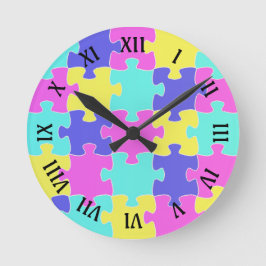 Leuke Roze Blauw Geel & Paarse Jigsaw Puzzel Stukk Ronde Klok