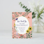 Leuke roze bloem en vogel nieuwe adres aankondigin briefkaart (Staand voorkant)