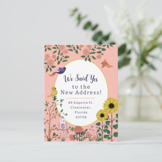 Leuke roze bloem en vogel nieuwe adres aankondigin briefkaart (Staand voorkant)