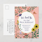 Leuke roze bloem en vogel nieuwe adres aankondigin briefkaart (Voorkant / Achterkant)
