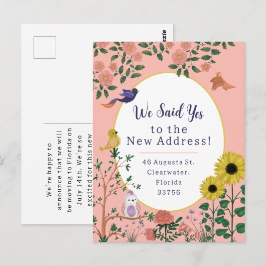 Leuke roze bloem en vogel nieuwe adres aankondigin briefkaart (Voorkant / Achterkant)
