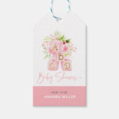 Leuke roze bloem-versierde alfabet blokken cadeaulabel (Voorkant)
