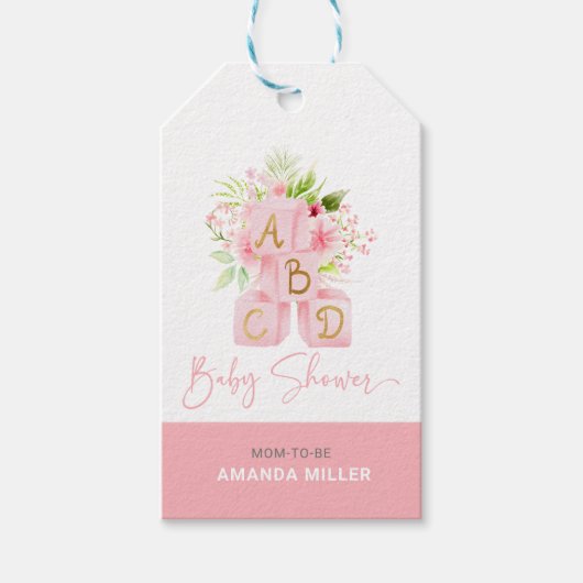 Leuke roze bloem-versierde alfabet blokken cadeaulabel (Voorkant)