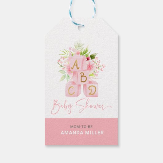 Leuke roze bloem-versierde alfabet blokken cadeaulabel (Achterkant)