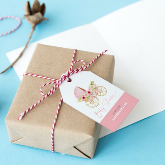 Leuke roze bloemversierde baby kinderwagen cadeaulabel