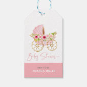 Leuke roze bloemversierde baby kinderwagen cadeaulabel (Voorkant)