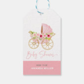 Leuke roze bloemversierde baby kinderwagen cadeaulabel (Achterkant)