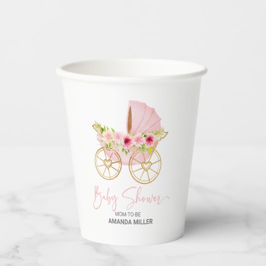 Leuke roze bloemversierde baby kinderwagen papieren bekers (Voorkant)
