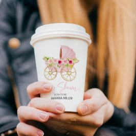 Leuke roze bloemversierde baby kinderwagen papieren bekers
