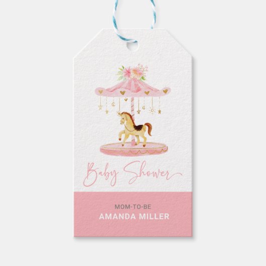 Leuke roze bloemversierde pony carrousel cadeaulabel (Voorkant)