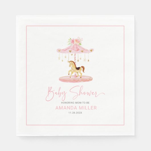 Leuke roze bloemversierde pony carrousel servet (Voorkant)