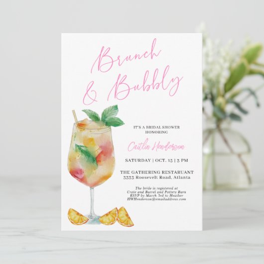 Leuke Roze Brunch en Bruisende Champagne Bruiloft Kaart (Staand voorkant)