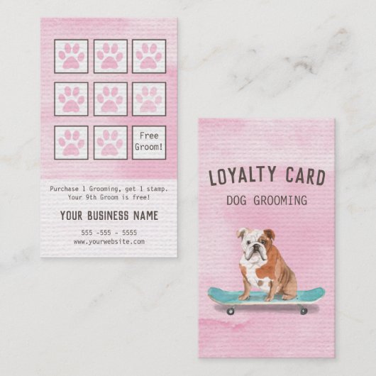 Leuke Roze Bulldog Grooming Loyalty Kaart Visitekaartje (Voorkant / Achterkant)