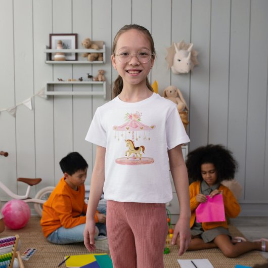 Leuke roze carrousel met een pony illustratie kinder shirts