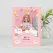 Leuke roze eenhoorn aangepaste foto verjaardag kaart (Staand voorkant)