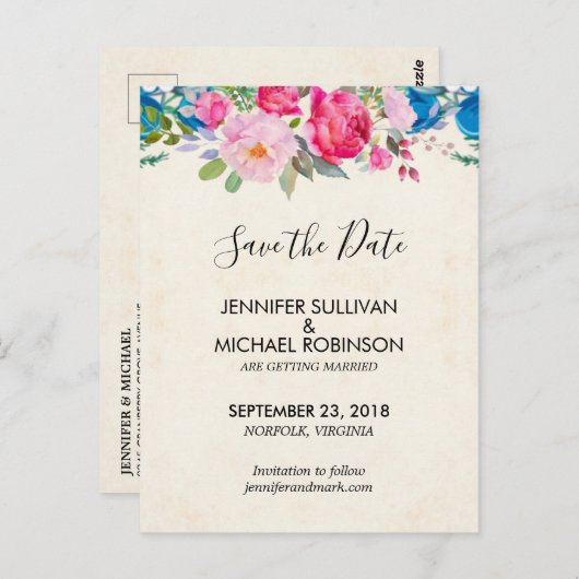 Leuke roze en blauwe bloemen bruiloft Save the Dat Briefkaart (Voorkant / Achterkant)