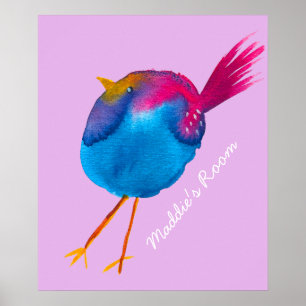 Leuke roze en blauwe vogel poster