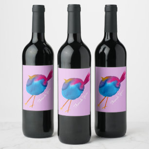Leuke roze en blauwe vogel wijn etiket