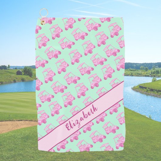 Leuke roze en groene golfkar gepersonaliseerde naa golfhanddoek