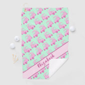 Leuke roze en groene golfkar gepersonaliseerde naa golfhanddoek (Insitu)