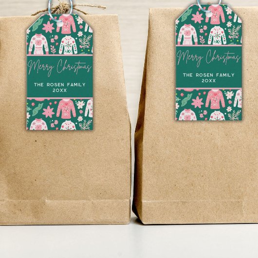 Leuke roze en groene lelijke trui kerstvakantie cadeaulabel