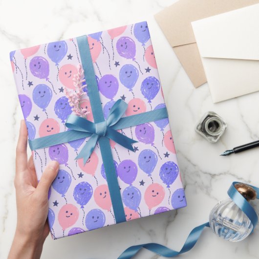 Leuke Roze en Paarse Speelse Ballonnen Cadeaupapier (Geschenken)