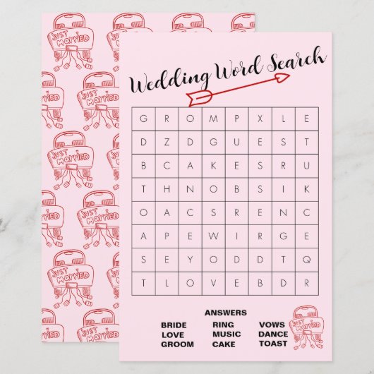 Leuke roze en rode bruiloft woord zoeken spel (Voorkant / Achterkant)