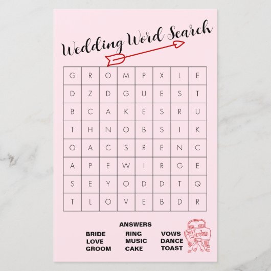 Leuke roze en rode bruiloft woord zoeken spel (Voorkant)