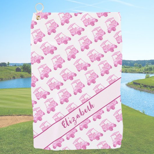 Leuke roze en witte golfkar gepersonaliseerde naam golfhanddoek
