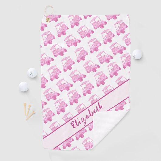 Leuke roze en witte golfkar gepersonaliseerde naam golfhanddoek (Insitu)