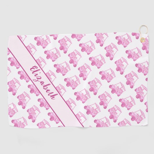 Leuke roze en witte golfkar gepersonaliseerde naam golfhanddoek (Horizontaal)