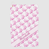 Leuke roze en witte golfkar gepersonaliseerde naam golfhanddoek (Voorkant)