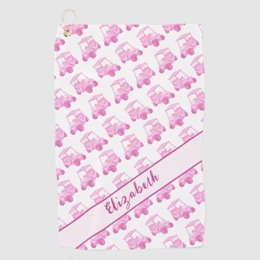 Leuke roze en witte golfkar gepersonaliseerde naam golfhanddoek (Voorkant)