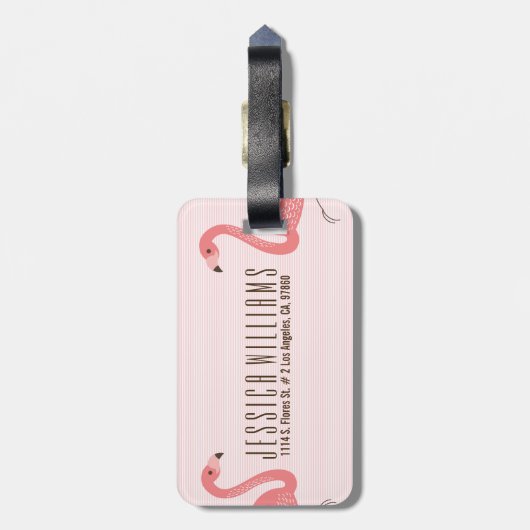Leuke roze flamingo en strepen bagagelabel (Achterkant verticaal)