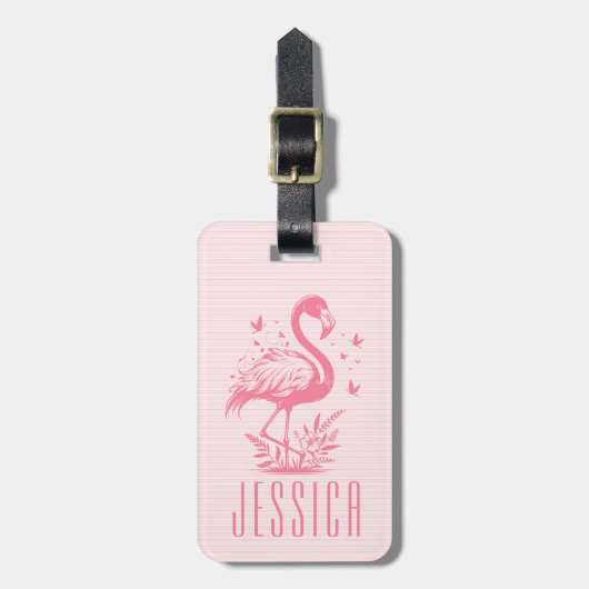 Leuke roze flamingo en strepen bagagelabel (Voorkant verticaal)