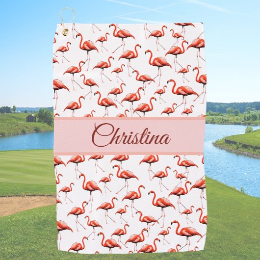 Leuke roze flamingo golfhanddoek met eigen naam