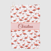 Leuke roze flamingo golfhanddoek met eigen naam (Voorkant)