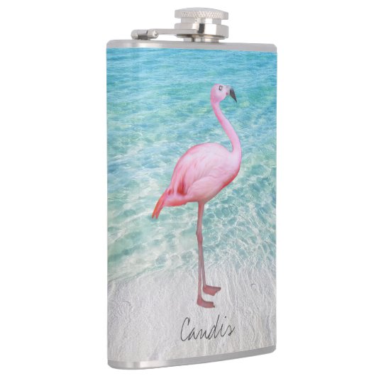 Leuke roze flamingo tropische zandstrand leuke naa heupfles (Rechts)