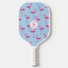Leuke Roze Flamingo's Blauw & Wit Chevron Patroon Pickleball Paddle