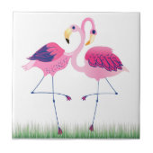 Leuke roze flamingo's op groen gras tegeltje (Voorkant)