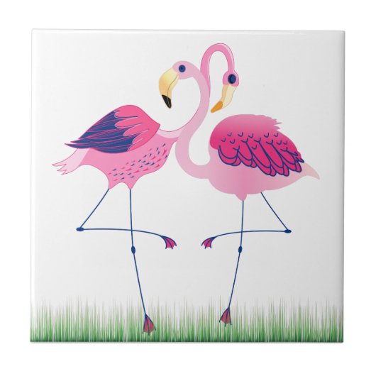 Leuke roze flamingo's op groen gras tegeltje (Voorkant)