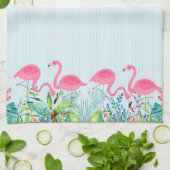 Leuke roze flamingo's tropische bloemen rand theedoek (Gevouwen)