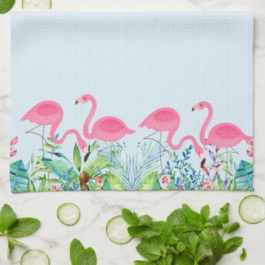 Leuke roze flamingo's tropische bloemen rand theedoek (Gevouwen)