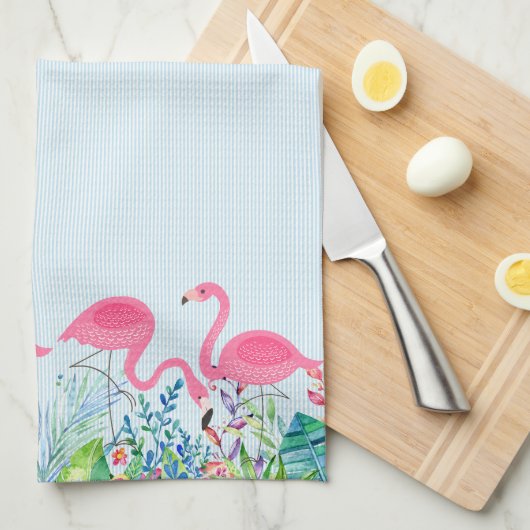 Leuke roze flamingo's tropische bloemen rand theedoek (Quarter Fold)