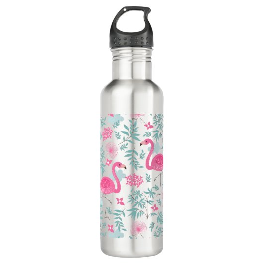 Leuke roze flamingo's & tropische bloemen waterfles  (Voorkant)