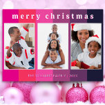 Leuke Roze Gestreepte 3 Fotocollage Vrolijk Kerstf Folie Feestdagenkaart<br><div class="desc">Stuur een heldere feestelijke bloei naar je vrienden en familie met deze kleurrijke kerstkaart. Op een vet gestreepte achtergrond in roze en paarse tinten, geeft de kaart drie van je favoriete foto's weer. Bovenaan staat de begroeting 'Merry Christmas' in een lagere hoesje typografie met een cool retro uiterlijk. Pas de...</div>