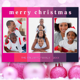 Leuke Roze Gestreepte 3 Fotocollage Vrolijk Kerstf Folie Feestdagenkaart