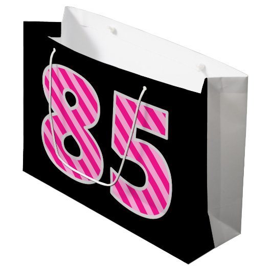 Leuke roze gestreepte "85"; Happy 85th Birthday; N Groot Cadeauzakje (Voorkant Gekanteld)
