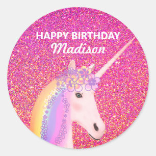 Leuke roze glitter Gelukkige Verjaardag Eenhoorn Ronde Sticker